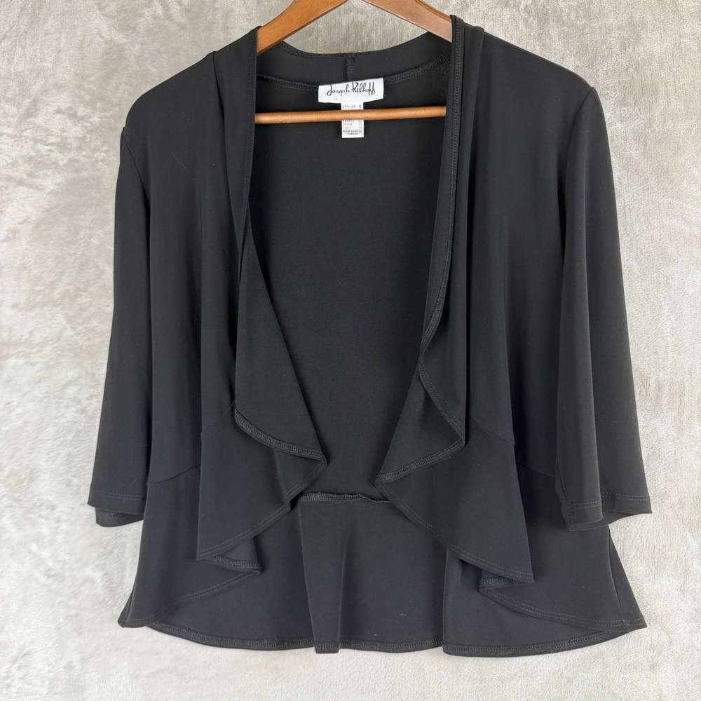 Joseph Ribkoff Black Open Front Ruffle Peplum Cardiganโ Jacket 12 3/4 Sleeve